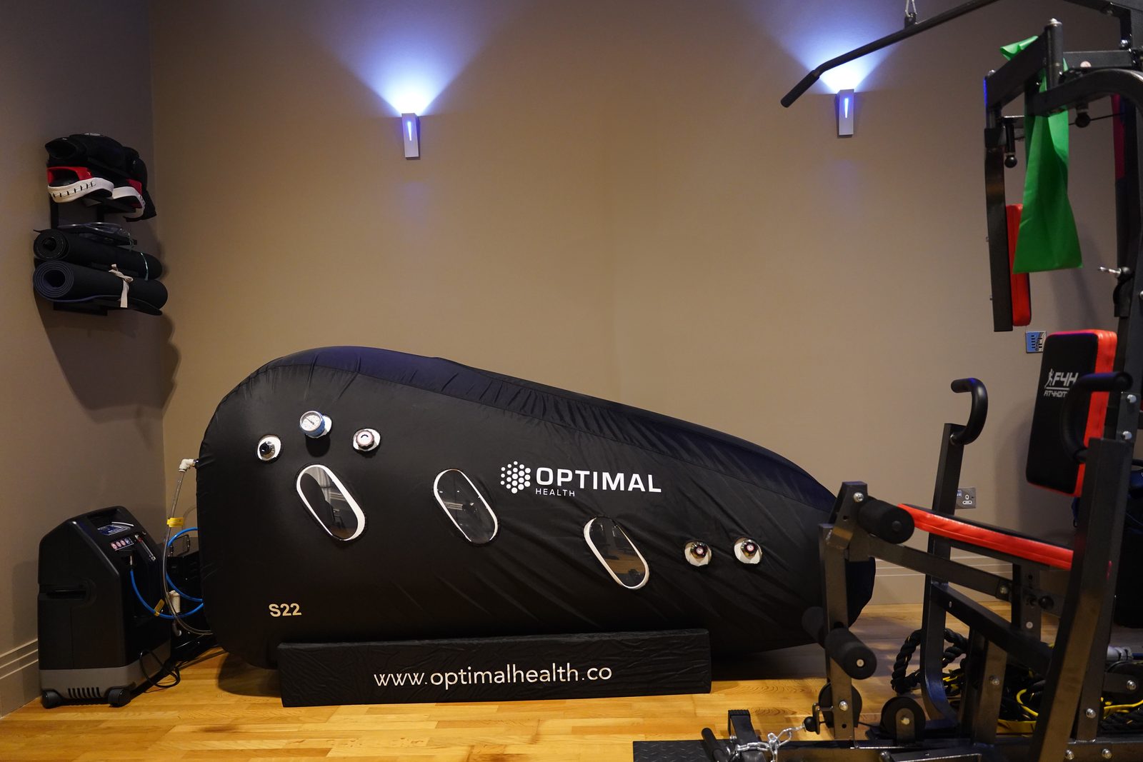 The AeroVita S22 portable chamber set up in a home gym