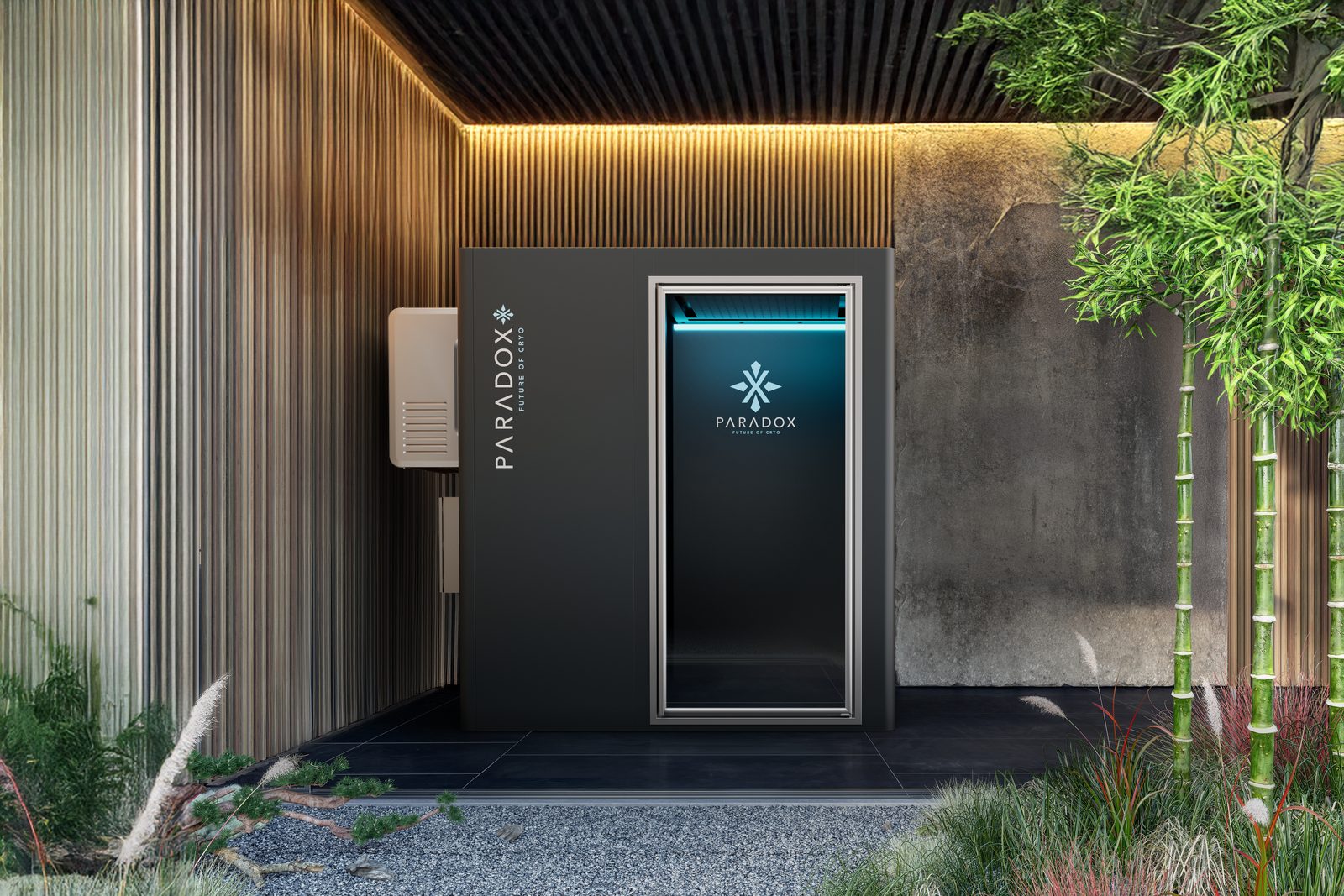 The PARADOX Cryochamber in a calm, natural wellness setting with bamboo